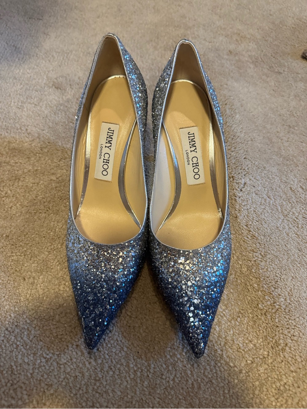 Jimmy Choo Silver and Blue Glitter Pointed-Toe Pumps